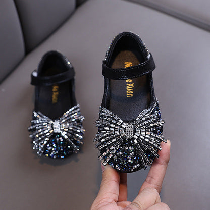 Girls' Princess Rhinestone Bow Mesh Leather Shoes