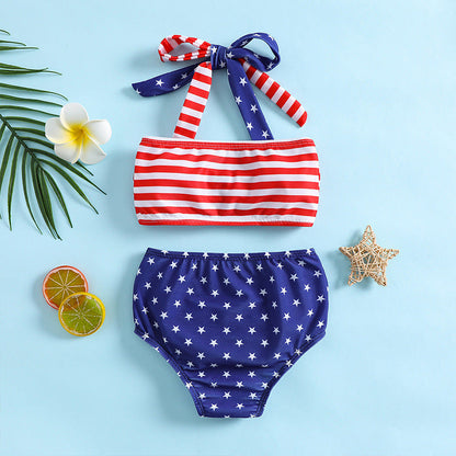 Girls' Summer Cute Bow Swimsuit Two-Piece Set