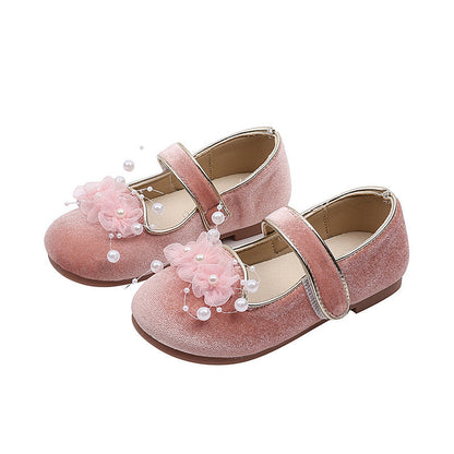 Girls Flower Pearl Princess Shoes Children's Velvet Leather Shoes