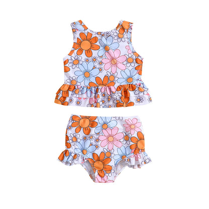 Girls Cute Flower Print Swimsuit Two-Piece Set