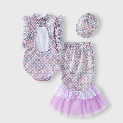 Girls' One-Piece Swimsuit Mermaid Tail Swim Cap Three-Piece Set