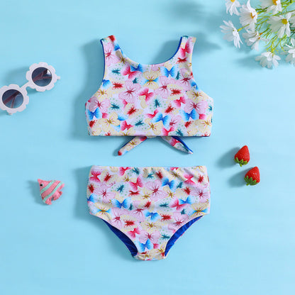 Girl Cute Floral Print Swimsuit Two-piece Set