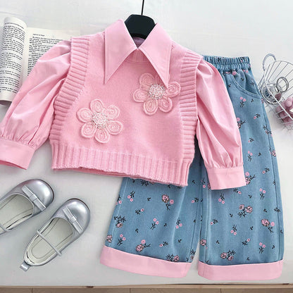 Girls Autumn Elegant Outfit Girls Fall School Outfit Three-Piece Set