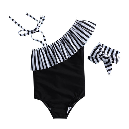 Children's Swimsuit Girls One Shoulder Striped Print Swimsuit