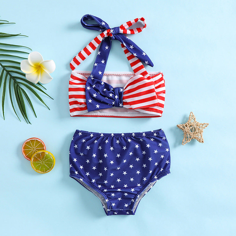 Girls' Summer Cute Bow Swimsuit Two-Piece Set