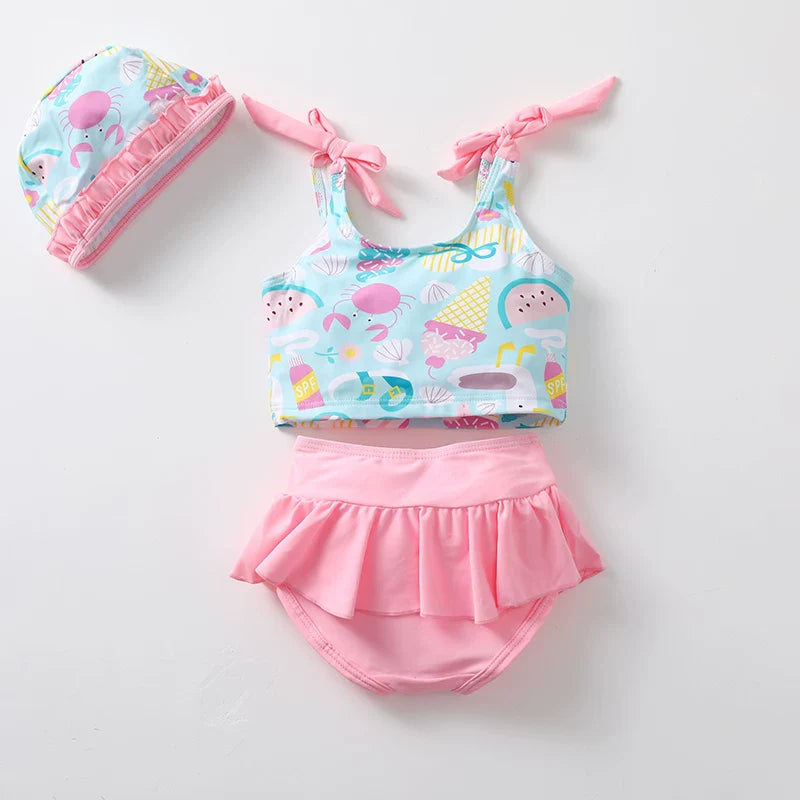 Girls' Summer Cartoon Cute Swimsuit Three-Piece Set