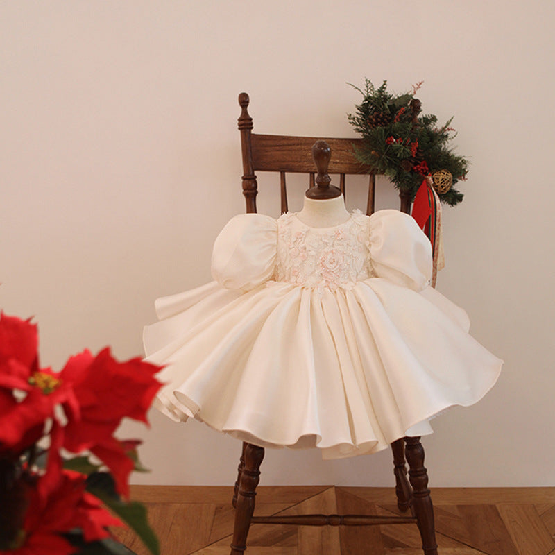 Baby Girl Birthday Party Dresses Toddler Sweet Embroidered White Puff Sleeve Formal Princess Dress