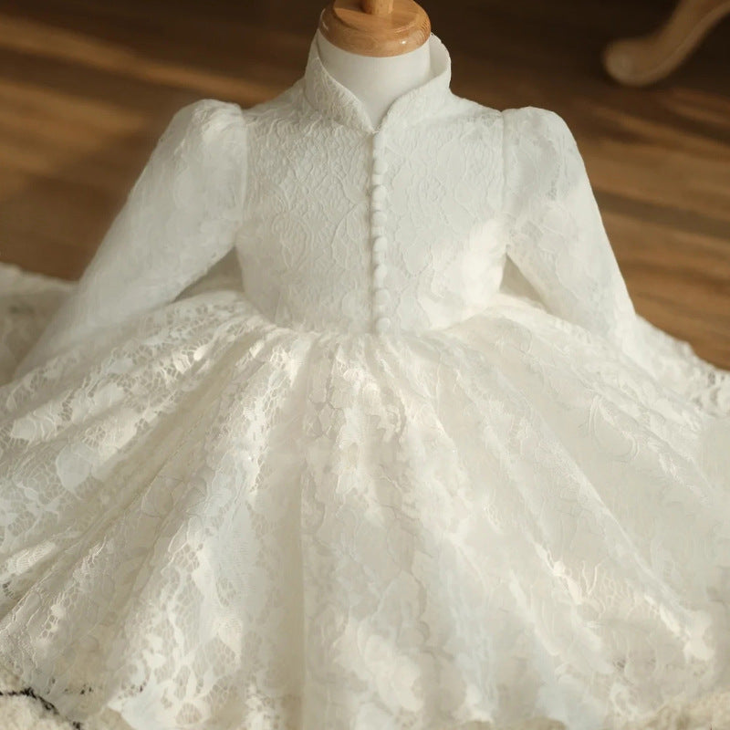 Girl White Long Sleeve Stand Collar Lace Princess Dresses Baby Girl Formal Dresses