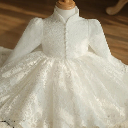 Girl White Long Sleeve Stand Collar Lace Princess Dresses Baby Girl Formal Dresses