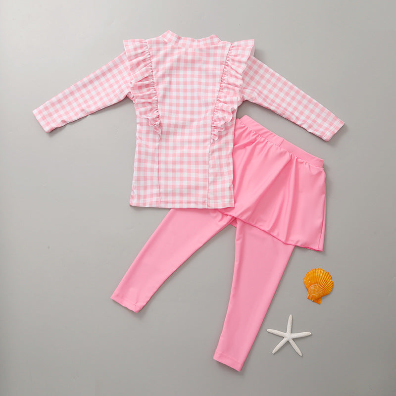 Girls' Long-Sleeved Swimsuit and Swim Trunk Two-Piece Set