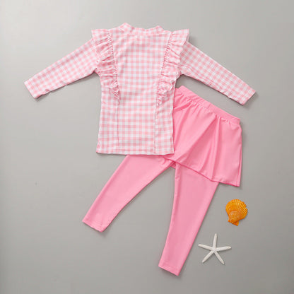 Girls' Long-Sleeved Swimsuit and Swim Trunk Two-Piece Set