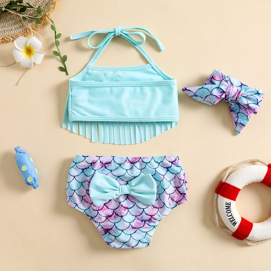 Girls Mermaid Swimsuit Tassels Girls Top Shorts Bow Tie Three-piece Set