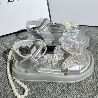Girls Butterfly Sequins Sandals Summer Pearl Bow Princess Shoes