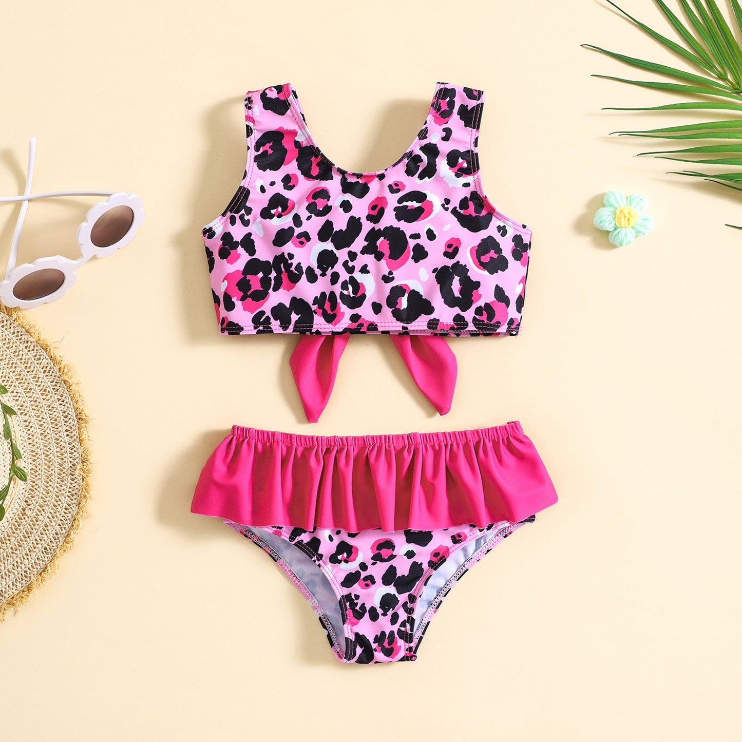 Children's Leopard Print Swimsuit Girls' Bow Swimsuit Two-piece Set