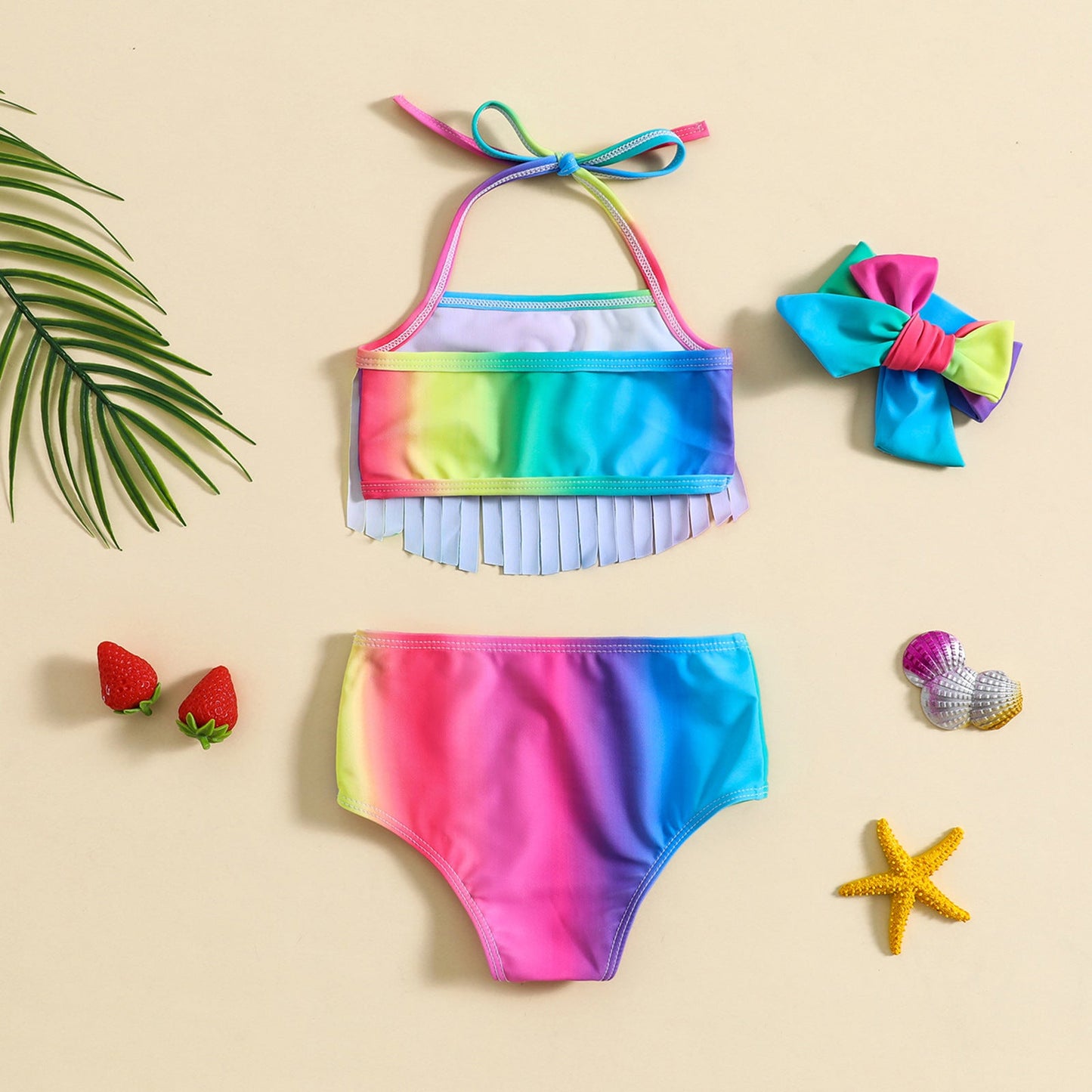 Baby Girl's Headscarf Tassel Swimsuit Three Piece Set