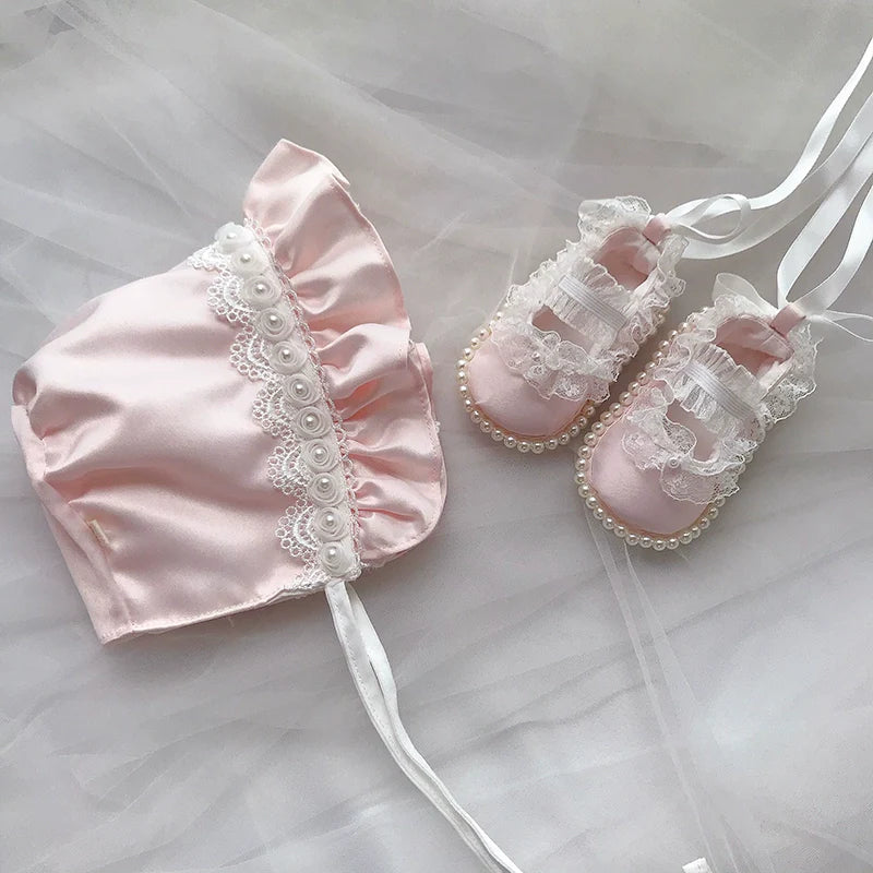 Baby Princess Hat Toddler Lace Pearl Soft-soled Shoes Set