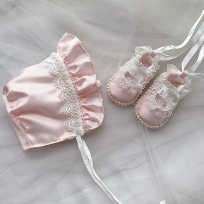 Baby Princess Hat Toddler Lace Pearl Soft-soled Shoes Set