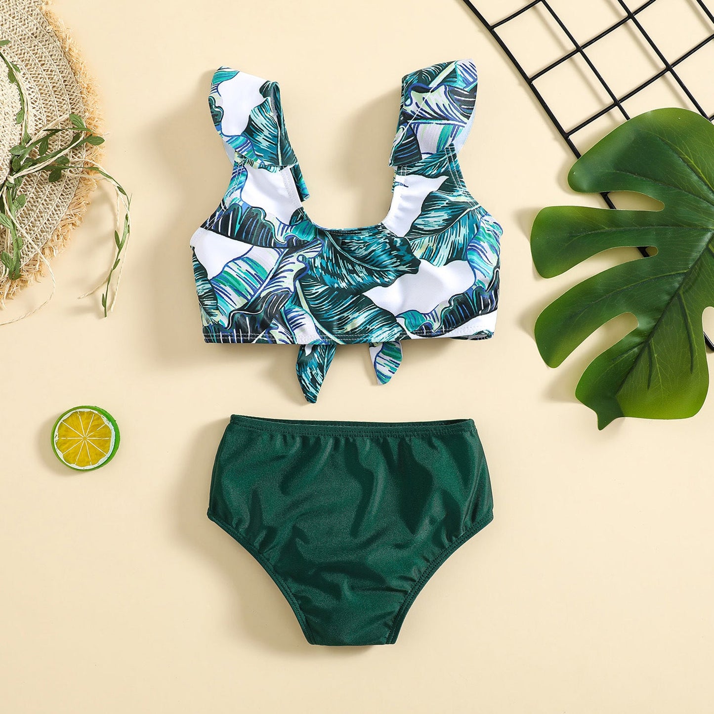 Girls Set Girls Green Leaf Printed Swimsuit