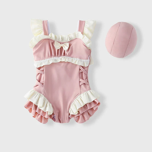 Girls Cute Princess Swimsuit and Swim Cap Two-Piece Set