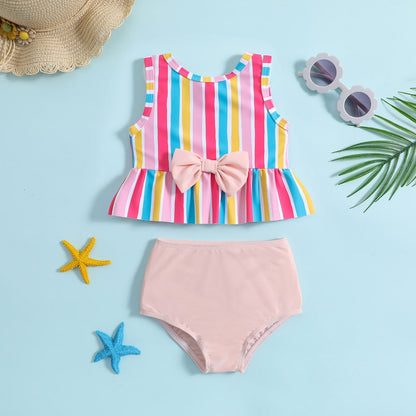 Girls Colorful Stripe Printed Children's Swimsuit
