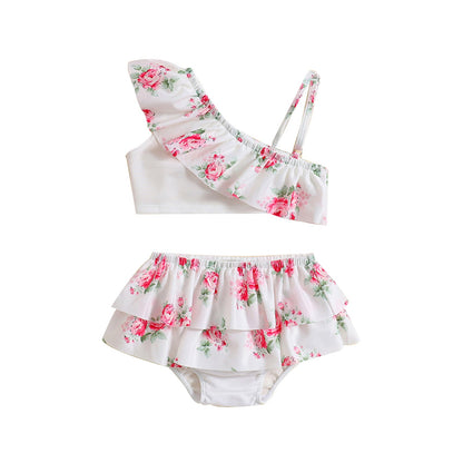 Baby Girls Flower Print One Shoulder Strap Swimsuit Two-Piece Set