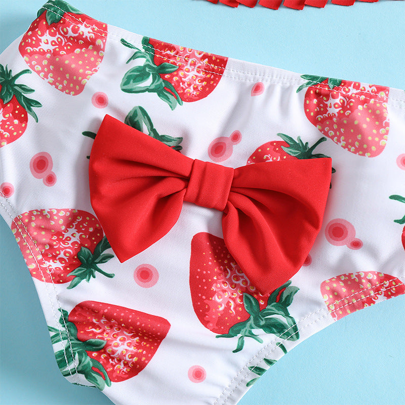 Girls Strawberry Print Swimsuit Baby Girl Red Tassel Sling Three-piece Set