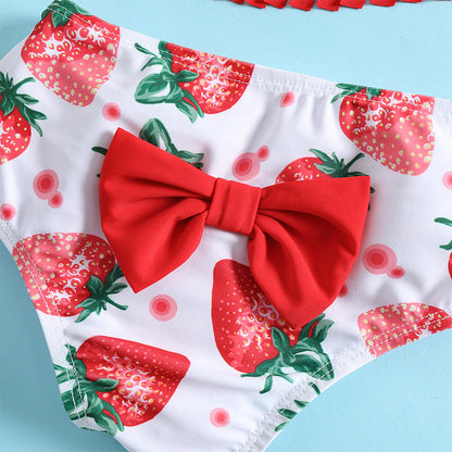 Girls Strawberry Print Swimsuit Baby Girl Red Tassel Sling Three-piece Set