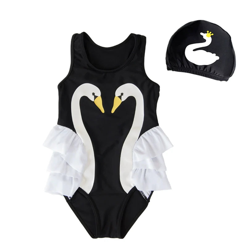 Girls Princess Cute One-Piece Swan Swimsuit