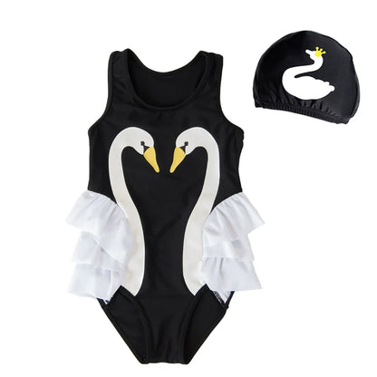 Girls Princess Cute One-Piece Swan Swimsuit