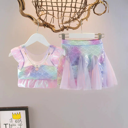 Girls' Summer Mermaid Mesh Swimsuit Two-Piece Set