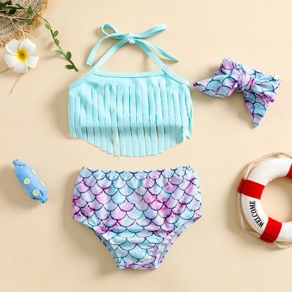 Girls Mermaid Swimsuit Tassels Girls Top Shorts Bow Tie Three-piece Set
