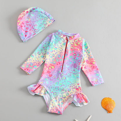 Girls New Multicolor Ruffled Onesie Swimsuit