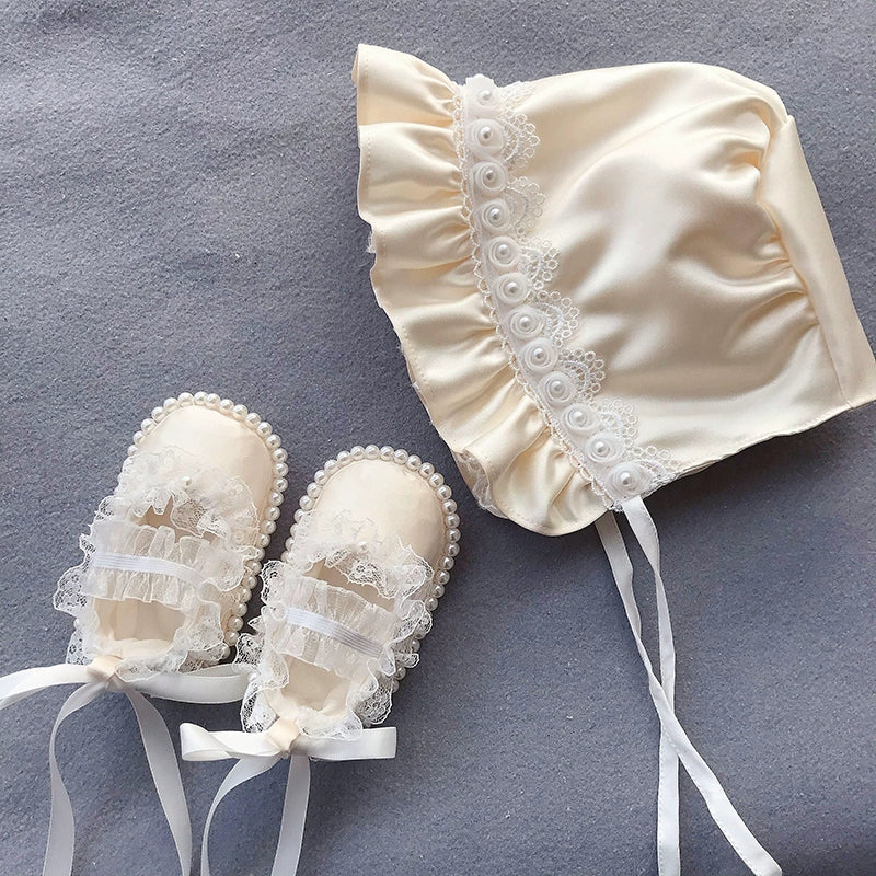 Baby Princess Hat Toddler Lace Pearl Soft-soled Shoes Set