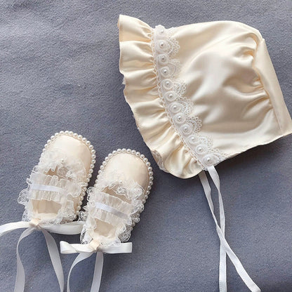 Baby Princess Hat Toddler Lace Pearl Soft-soled Shoes Set