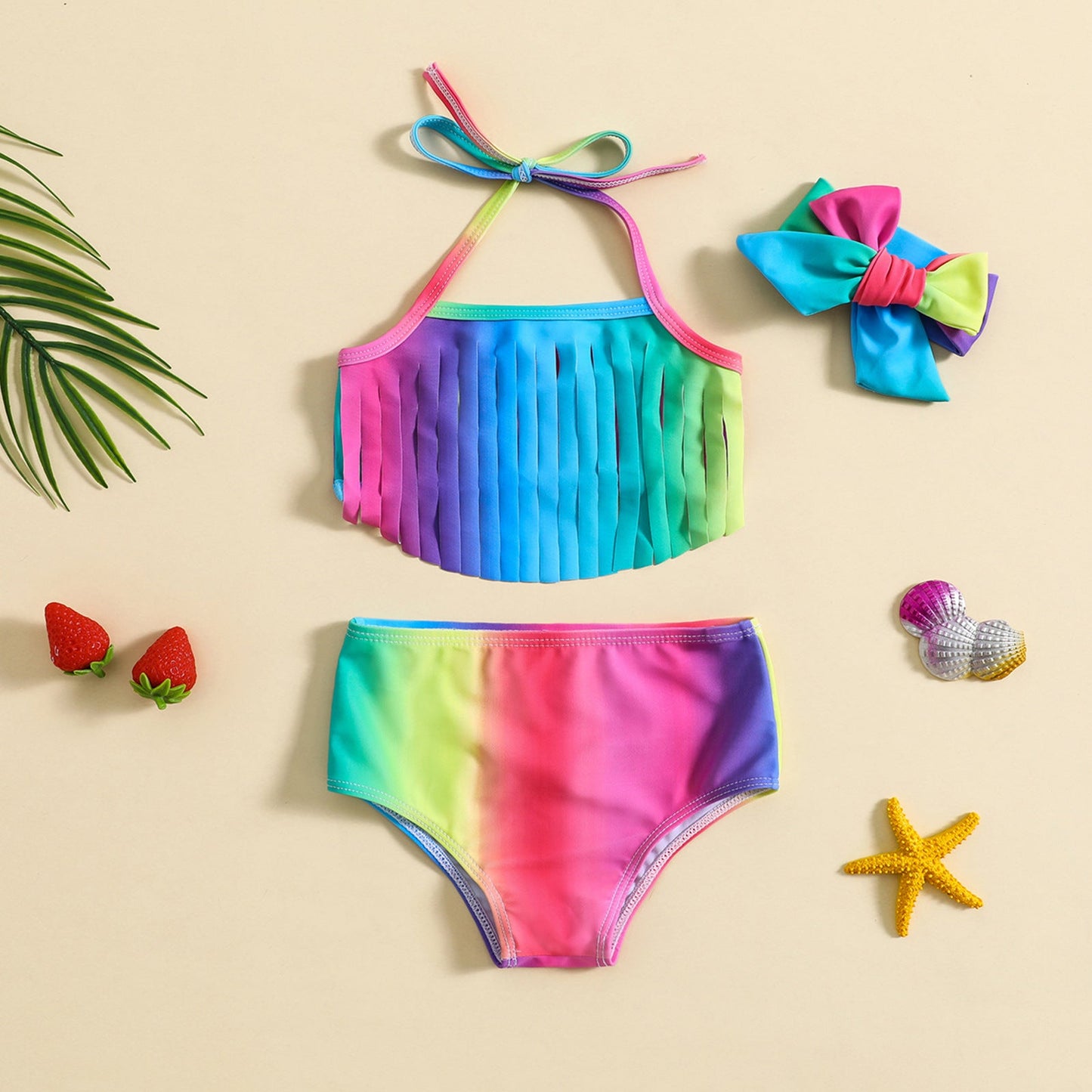 Girls' Headscarf Tassel Swimming Three-Piece Set