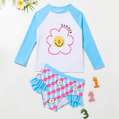 Girls Long Sleeve Floral Summer Swimsuit Top Shorts Two-piece Set