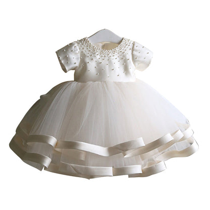 Baptism Dresses Baby Girl Summer White Bead Puffy Mesh Birthday Party Dress