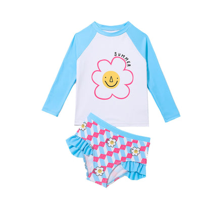 Girls Long Sleeve Floral Summer Swimsuit Top Shorts Two-piece Set