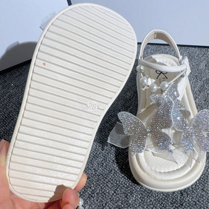 Girls Butterfly Sequins Sandals Summer Pearl Bow Princess Shoes