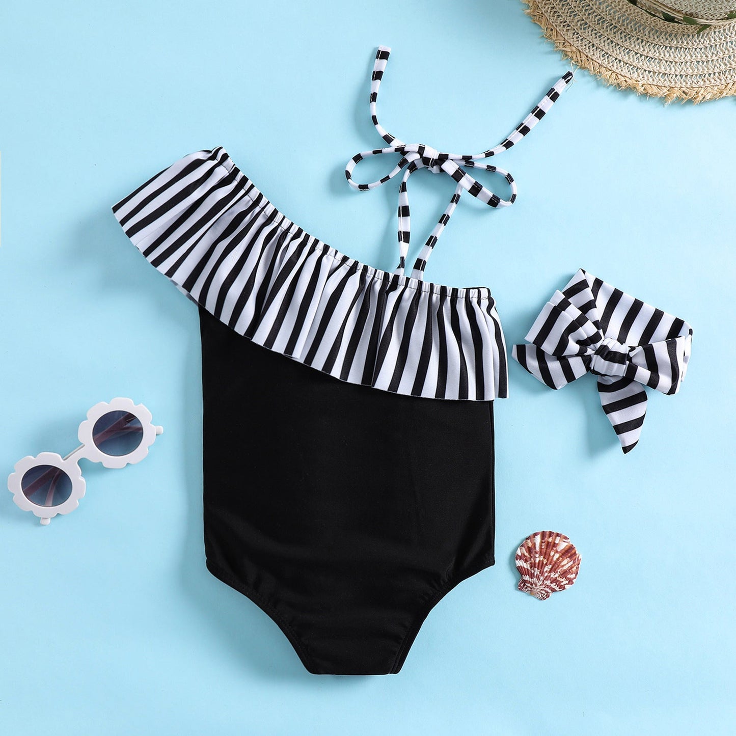Children's Swimsuit Girls One Shoulder Striped Print Swimsuit
