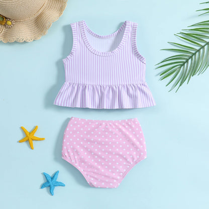 Cute Girls Striped Polka Dot Print Swimsuit Two-Piece Set