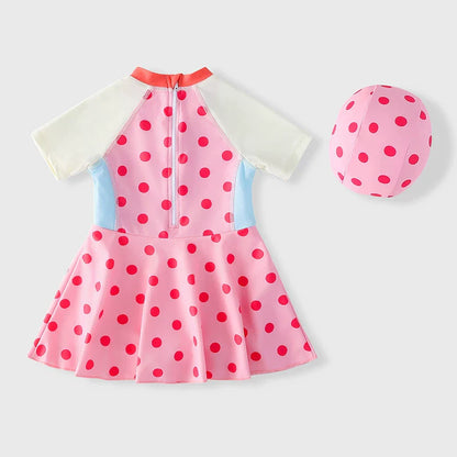 Girls' Summer One-Piece Swimsuit and Swim Cap Two-Piece Set