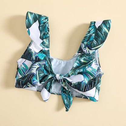 Girls Set Girls Green Leaf Printed Swimsuit
