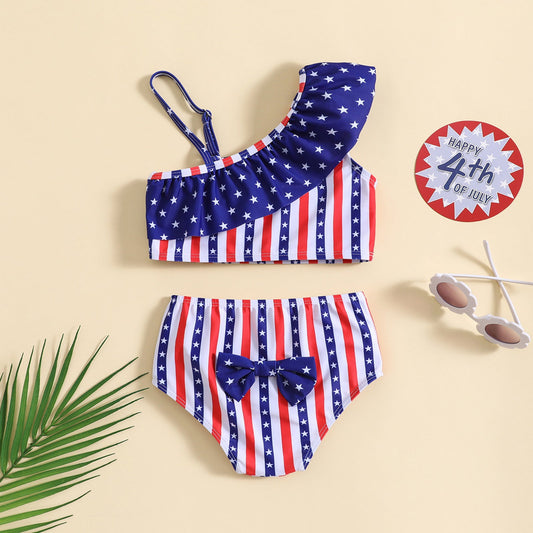 Girls One Shoulder Sling Girls Cute Swimsuit Two-piece Set