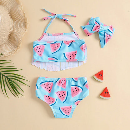 Children's Watermelon Print Swimsuit Girls Suspender Shorts Bowknot Three-piece Set