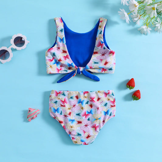 Girl Cute Floral Print Swimsuit Two-piece Set