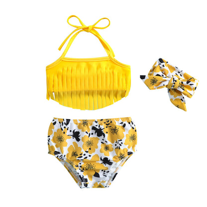 Girls Butterfly Flower Print Tassel Suspender Swimsuit