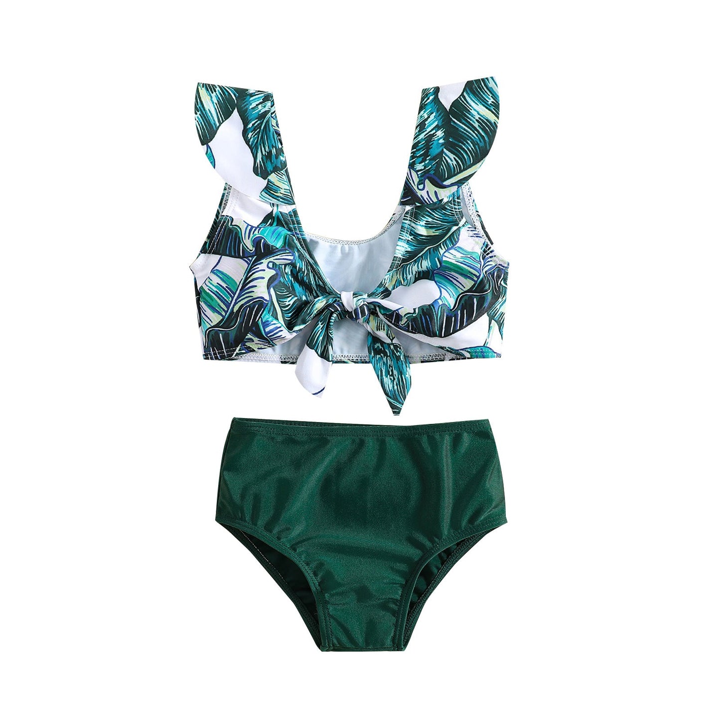 Girls Set Girls Green Leaf Printed Swimsuit