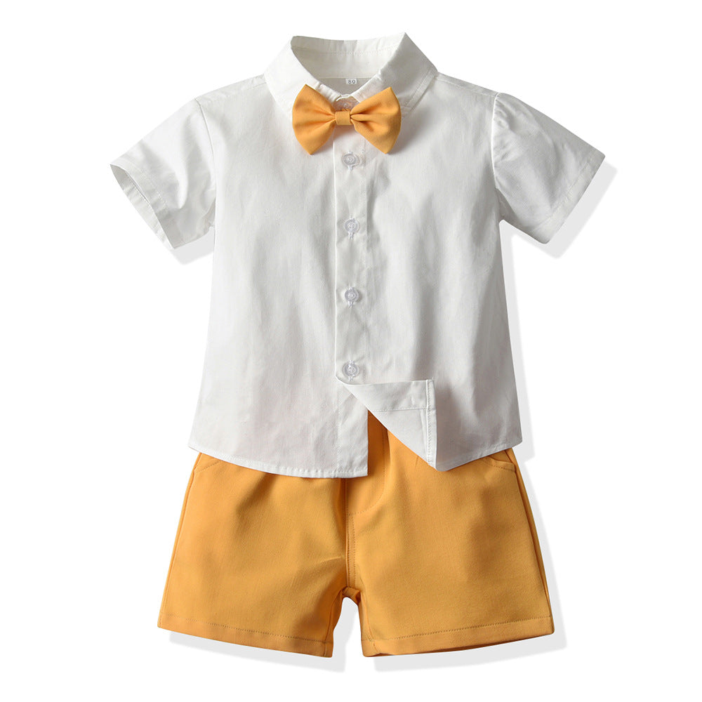 Baby Boys Short Sleeve Bow Shirt Bib Shorts Two Piece Suit