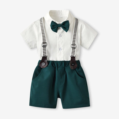 Baby Boys Short Sleeve Bow Shirt Bib Shorts Two Piece Suit